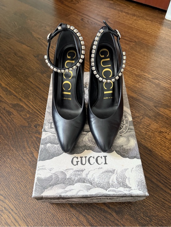 Gucci Shoes - Gucci Black Leather Pointed Pumps with Crystal Ankle Straps